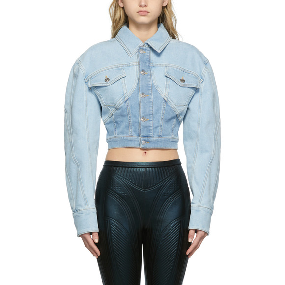 Mugler Blue Oversized Shoulder Logo Patch Denim Jacket Size 34